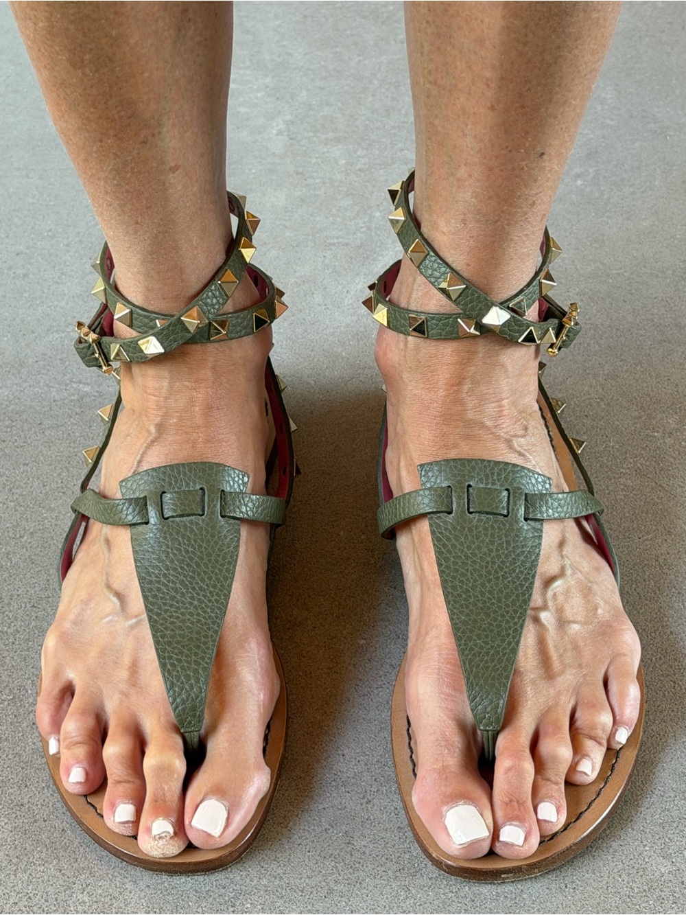 Valentino Garavani Olive Leather Stud Ankle-Strap Sandals